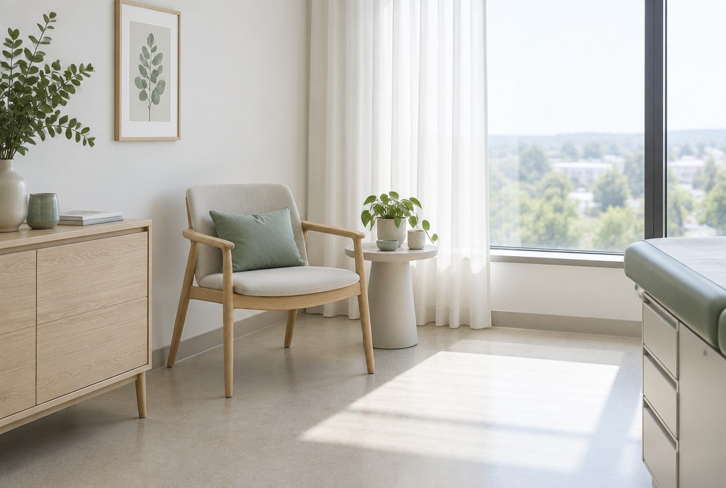 A calm consulting room with daylight from a large window