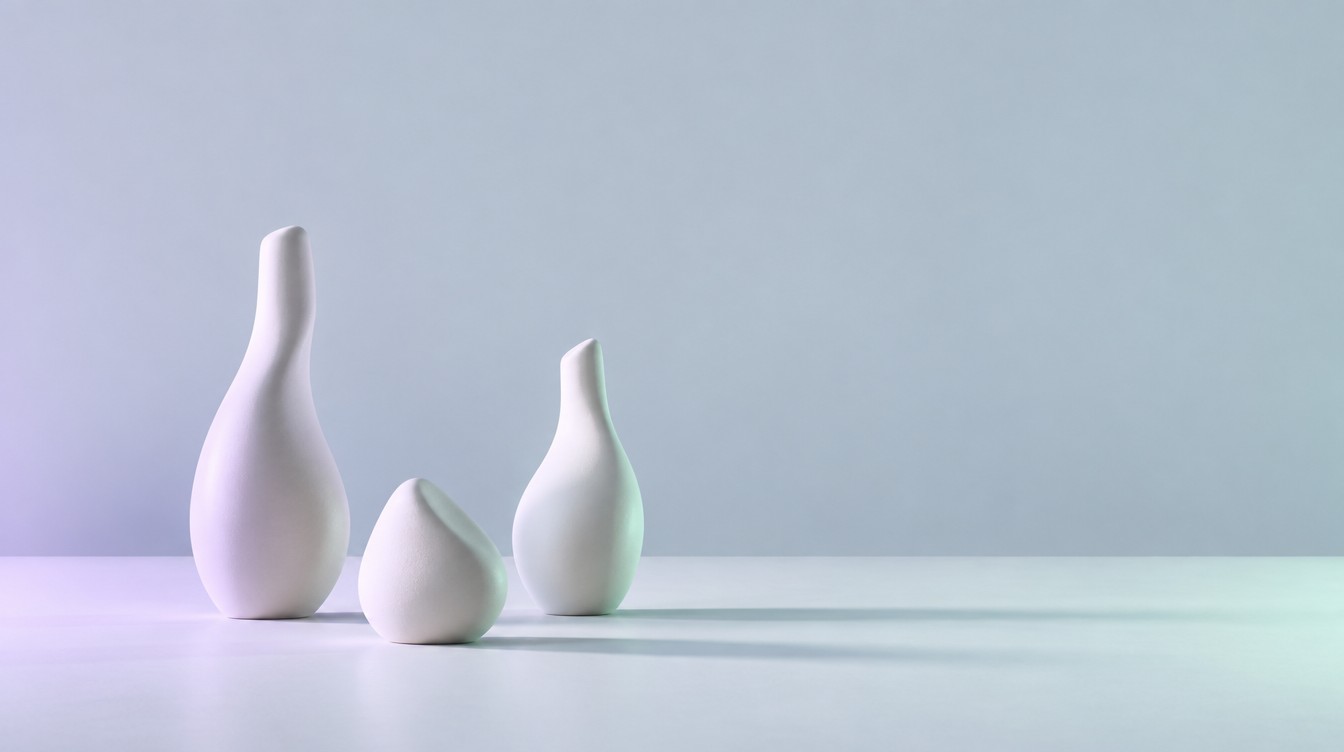Three white ceramic forms lit from either side